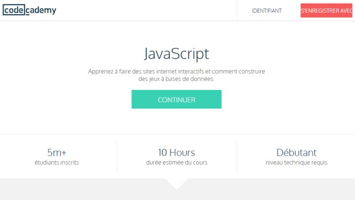 page d'accueil du cours de Javascript de codecademy